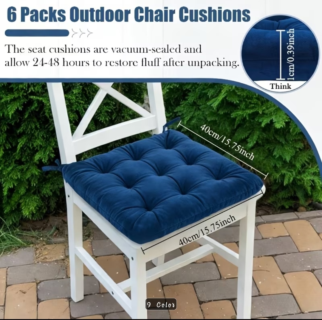 6 Pack Velvet Square Plush Seat Cushions with Anti-Slip Ties, Square Velvet Seat Cushion, for Outdoor Bench, Dining Chairs, Garden Decorative Throw Pillows, Patio Chairs, Long Sitting.