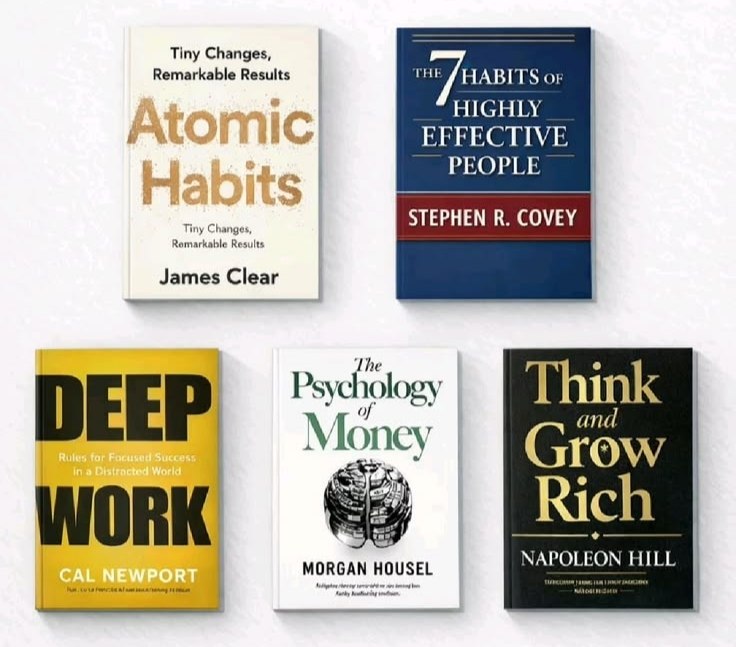 1. Atomic Habits by James Clear 2. The 7 Habits of Highly Effective people by Stephen Covey 3. Deep Work by Cal Newport 4. Psychology of Money by Morgan Housel 5. Think and Grow Rich by Napoleon Hill