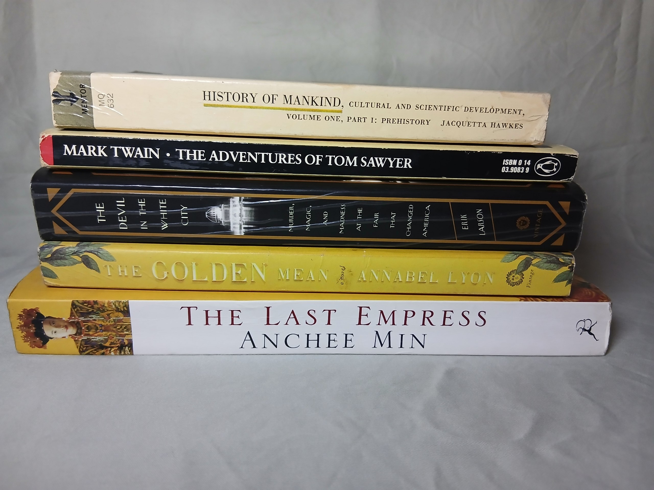 1. History of Mankind by Hawkes 2.The Adventures of Tom by Mark Twain 3.The Devil in The White City by Erik 4. The Golden Mean by Lyon 5.The Last Empress by Min (All are Pre-Owned Thrift Novels)