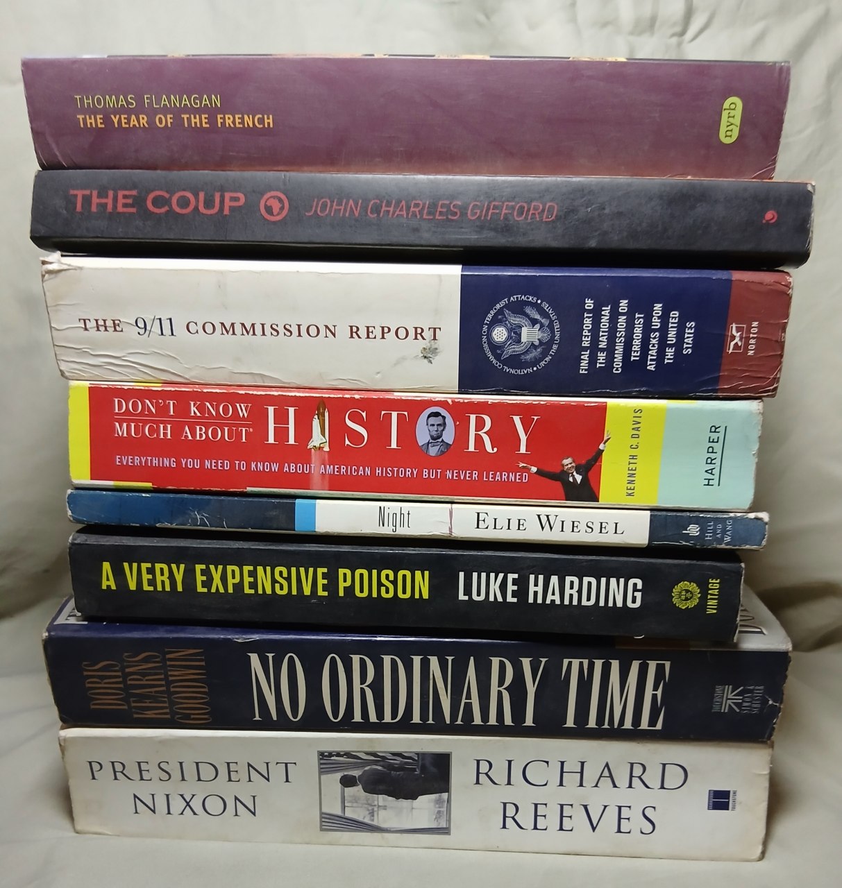Pre - Loved Books 
1. The Year of French 2. The Coup 3. The 9/11 Commission Report 4. Don't Know Much About History 5. Night by Elie Wiesel 6. No Ordinary Time by Doris Kearns Goodwin