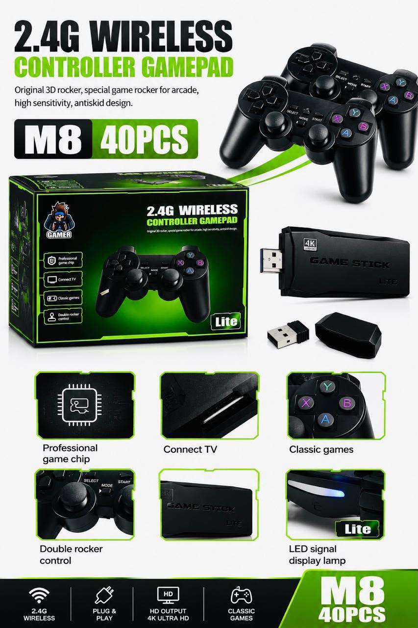 M15 Plus 4K Wireless Retro Game Stick Console with 2 Wireless White Controllers – HDMI Plug & Play TV Gaming Console, Built-in Classic Games, 4K HD Output for TV & Monitor
