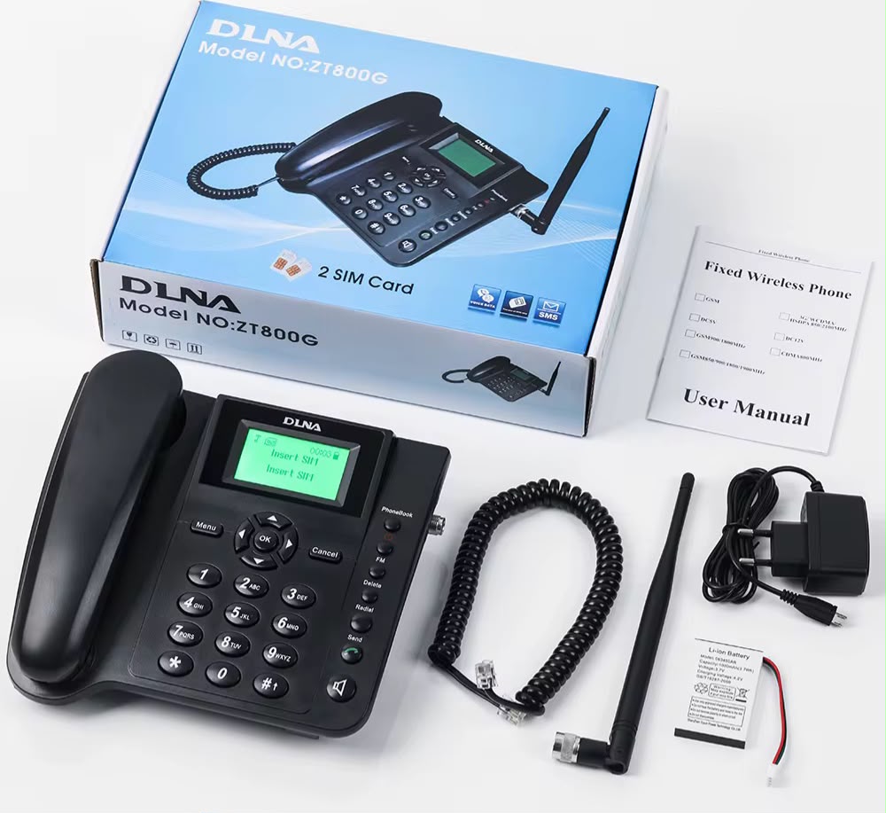 DLNA ZT600G Wireless Desktop Telephone – GSM SIM Card Fixed Wireless Phone, Dual SIM Desk Phone with LCD Display, Rechargeable Battery, FM Radio & Hands-Free Calling for Home, Office & Business Use