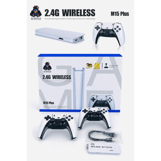 M15 Plus 4K Wireless Retro Game Stick Console with 2 Wireless White Controllers – HDMI Plug & Play TV Gaming Console, Built-in Classic Games, 4K HD Output for TV & Monitor