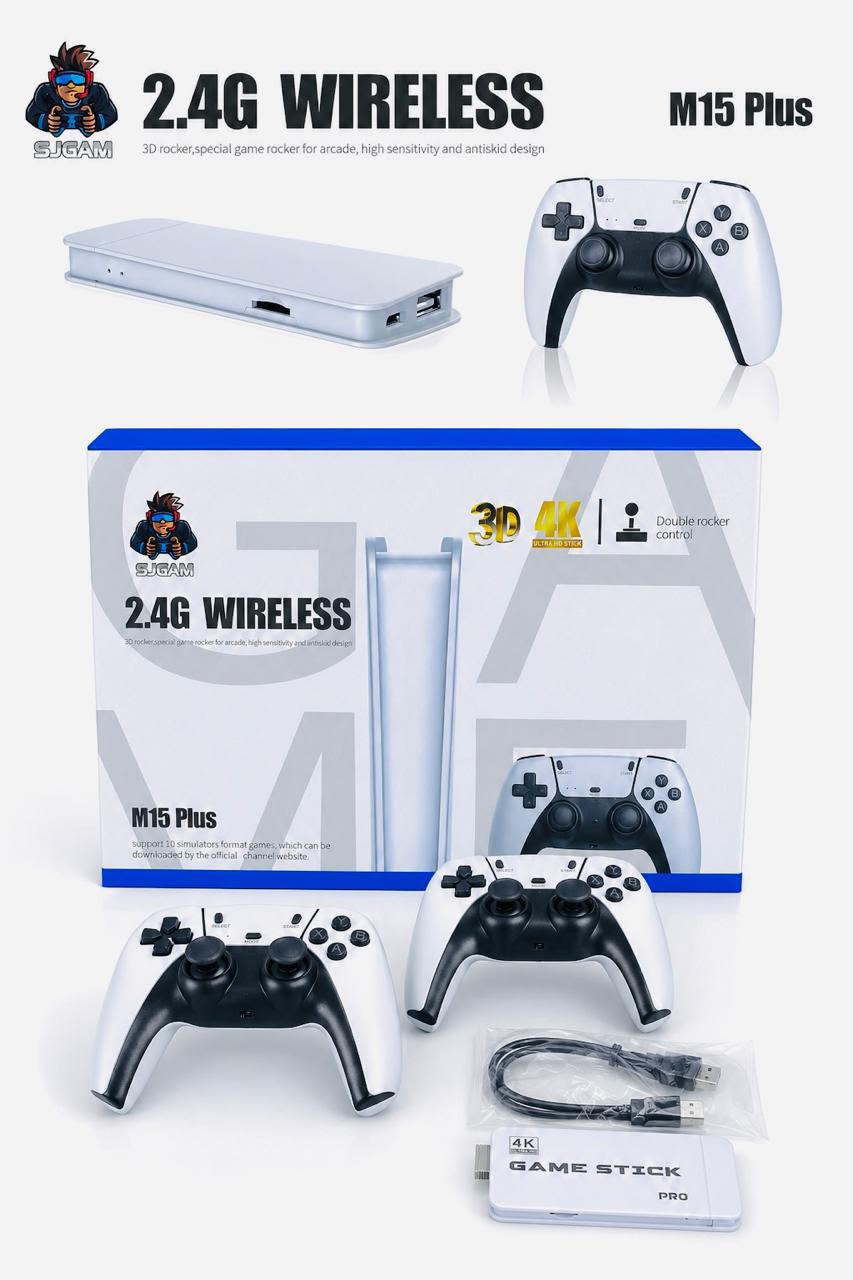 M15 Plus 4K Wireless Retro Game Stick Console with 2 Wireless White Controllers – HDMI Plug & Play TV Gaming Console, Built-in Classic Games, 4K HD Output for TV & Monitor