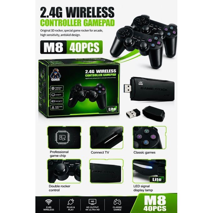M15 Plus 4K Wireless Retro Game Stick Console with 2 Wireless White Controllers – HDMI Plug & Play TV Gaming Console, Built-in Classic Games, 4K HD Output for TV & Monitor