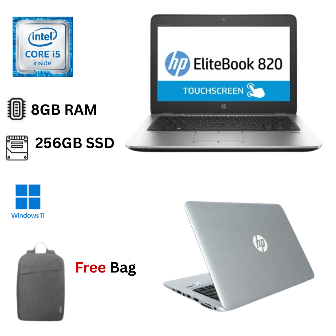 Refurbished HP EliteBook 820 G3 Core I5 6th Gen 8GB RAM 256GB SSD 12.5 inch HD Touchscreen 2.4GHz up to 3.0GHz Dual Core Processor Windows 11 Pro, MS Office Ultraslim DOS Laptop + Bag