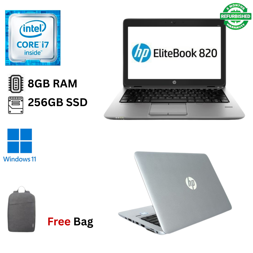 Refurbished HP EliteBook 820 G3 Core i7 6th Gen 8GB RAM 256GB SSD 12.5 Inch HD 2.6GHz up to 3.4GHz Dual Core Processor Windows 11 Pro MS Office 2021, Webcam, VGA, Display Port, Ultra Slim Laptop + Bag