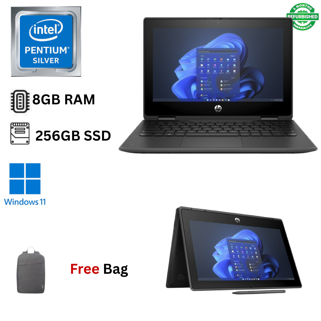 Refurbished HP Pro X360 Fortis 11 G9 8GB RAM, 256GB SSD, Pentium Silver N6000 Quad-core 11.6" HD Touchscreen with Stylus Pen, WiFi Webcam, Windows 11 Pro 2 in 1 Convertible Laptop + Bag