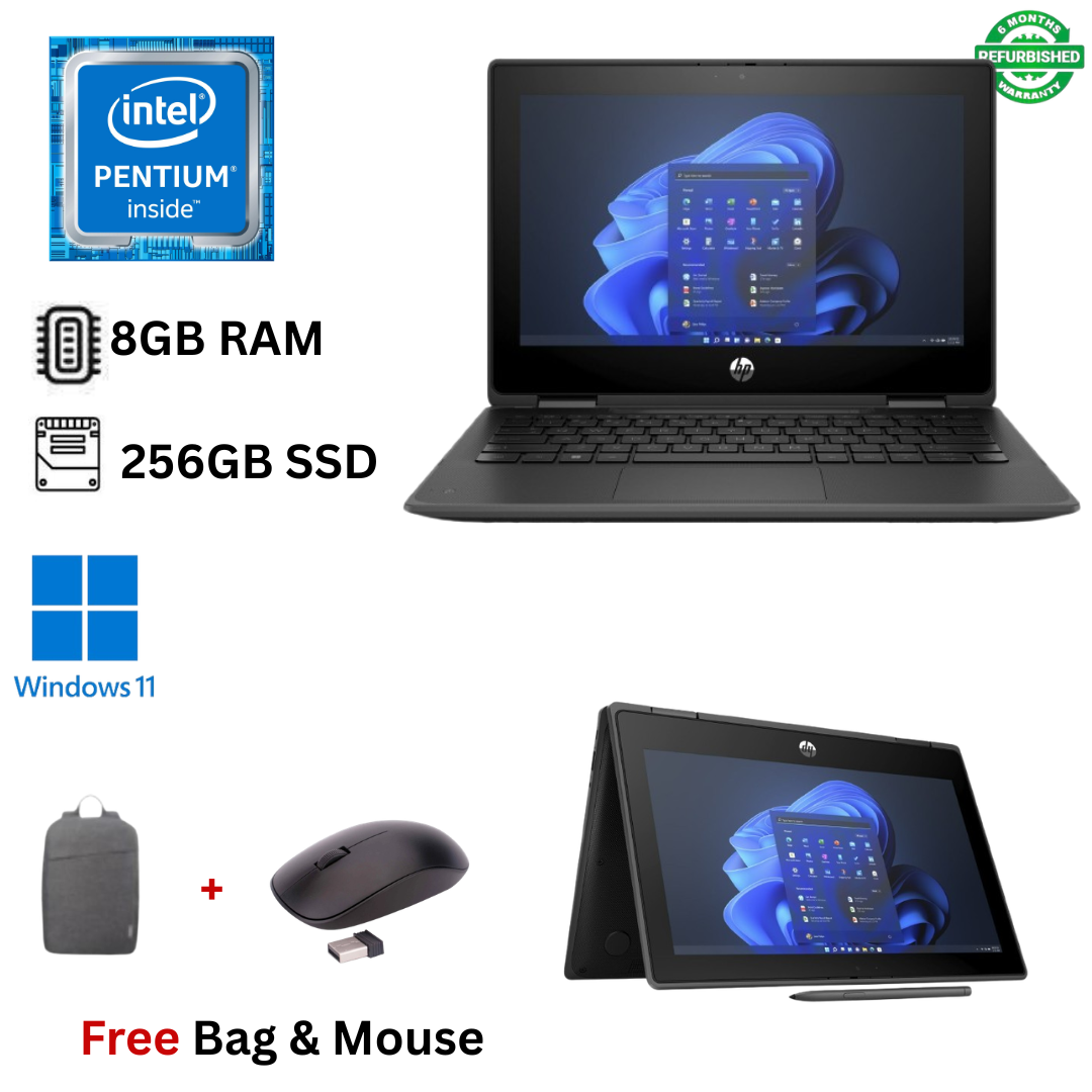 Refurbished HP Pro X360 Fortis 11 G9 8GB RAM, 256GB SSD, Pentium Silver N6000 Quad-core 11.6" HD Touchscreen with Stylus Pen, WiFi Webcam, Windows 11 Pro 2 in 1 Convertible Laptop + Bag & Mouse