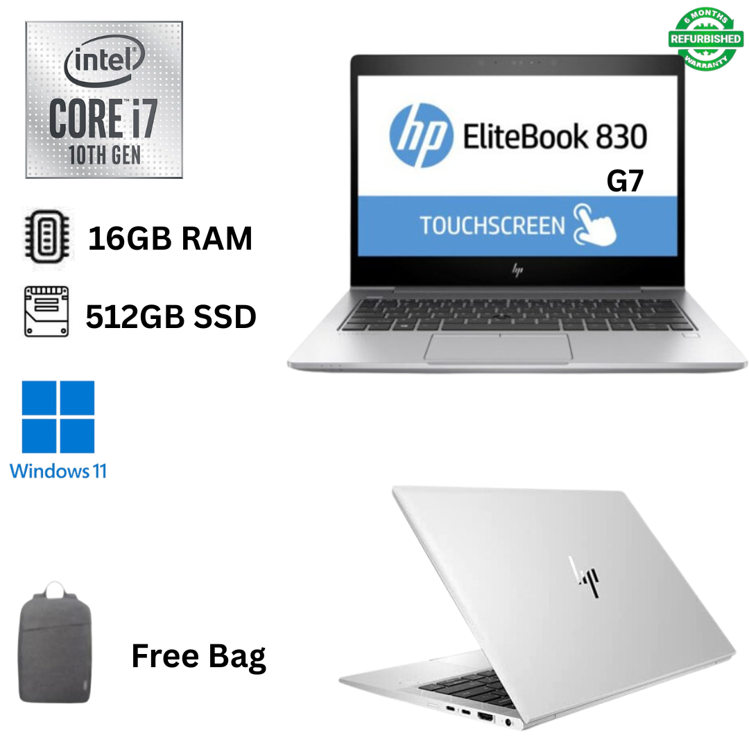 Refurbished HP EliteBook 830 G7 Core i7 10th Gen 16GB RAM 512GB SSD 13.3" Full HD Touchscreen 1.8GHz up to 4.9GHz Quad Core Processor Windows 11 Pro MS Office Ultra Slim Laptop + Bag