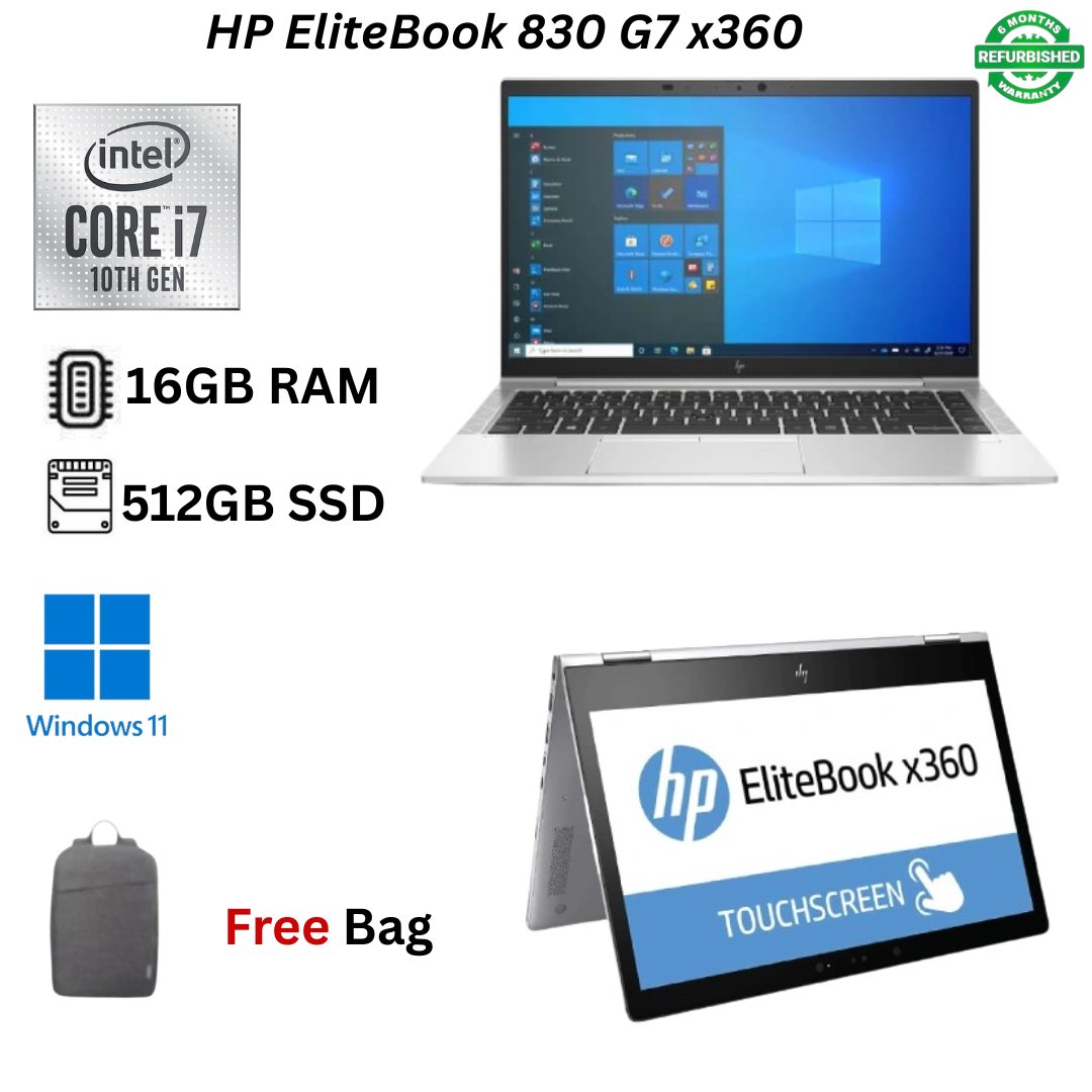 Refurbished HP EliteBook 830 G7 x360 Core i7 10th Gen 16GB RAM 512GB SSD 13.3" Full HD Touchscreen 1.8GHz - 4.9GHz Quad Core Processor Windows 11 Pro MS Office HDMI Webcam 2in1 Convertible Laptop+ Bag