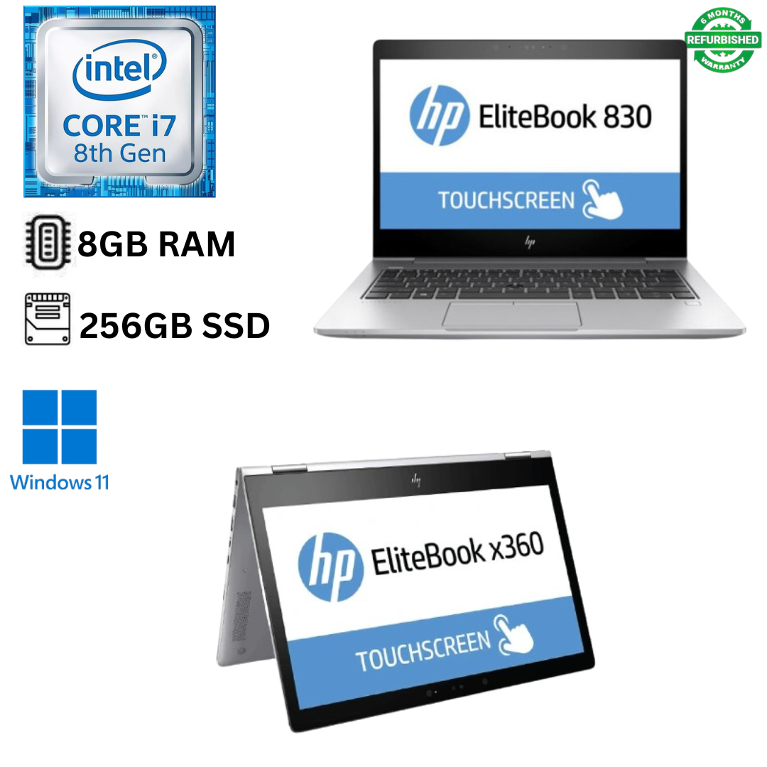 Refurbished HP EliteBook 830 G6 X360 Core I7 8GB RAM 256GB SSD 8th Gen 13.3 inches Touchscreen 2 in 1 Convertible 1.8GHz up to 4.2GHz Quad Core Windows 11 MS Office HDMI Webcam Laptop Slim