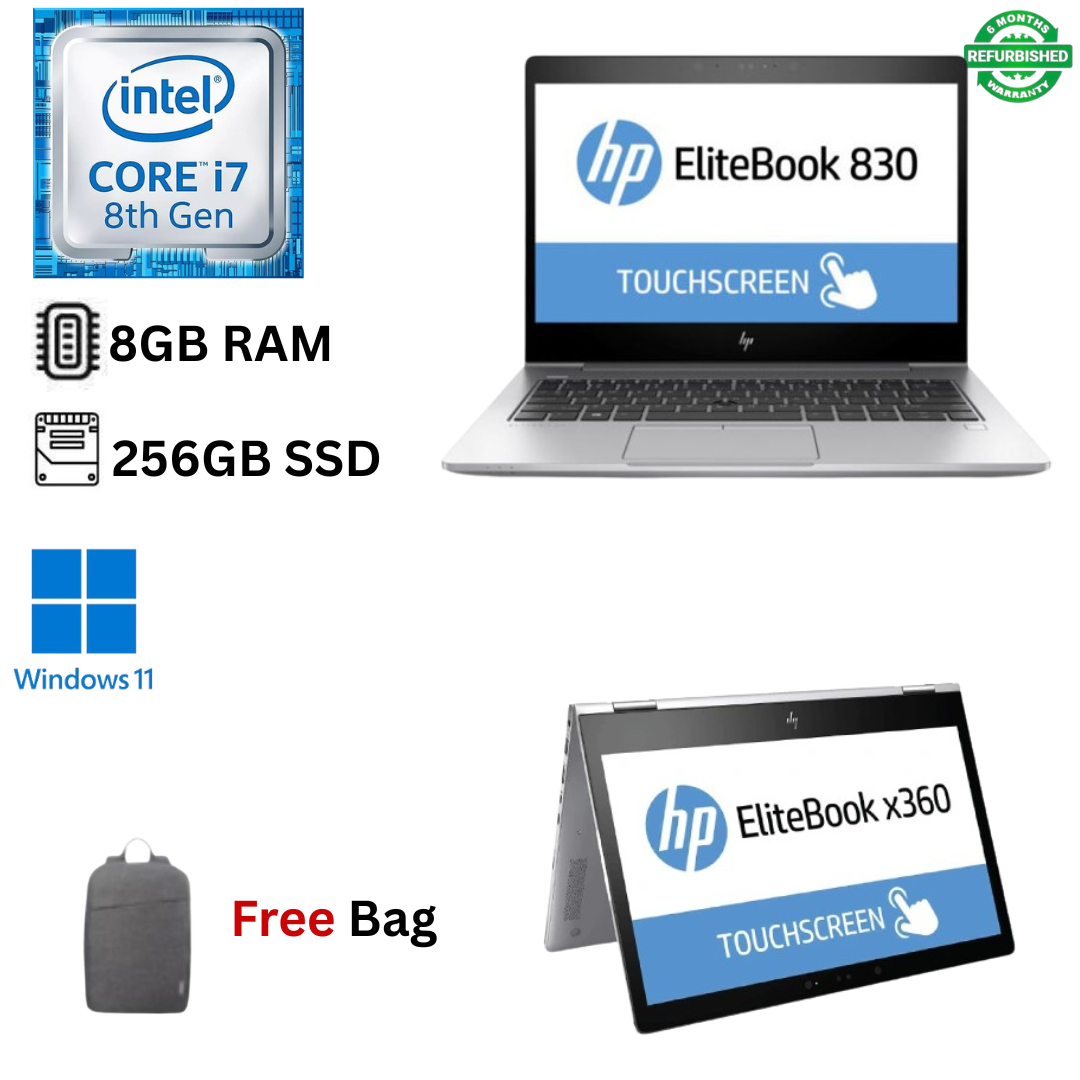 Refurbished HP EliteBook 830 G6 X360 Core I7 8GB RAM 256GB SSD 8th Gen 13.3 inches Touchscreen 2 in 1 Convertible 1.8GHz up to 4.2GHz Quad Core Windows 11 MS Office HDMI Webcam Laptop Slim + Bag