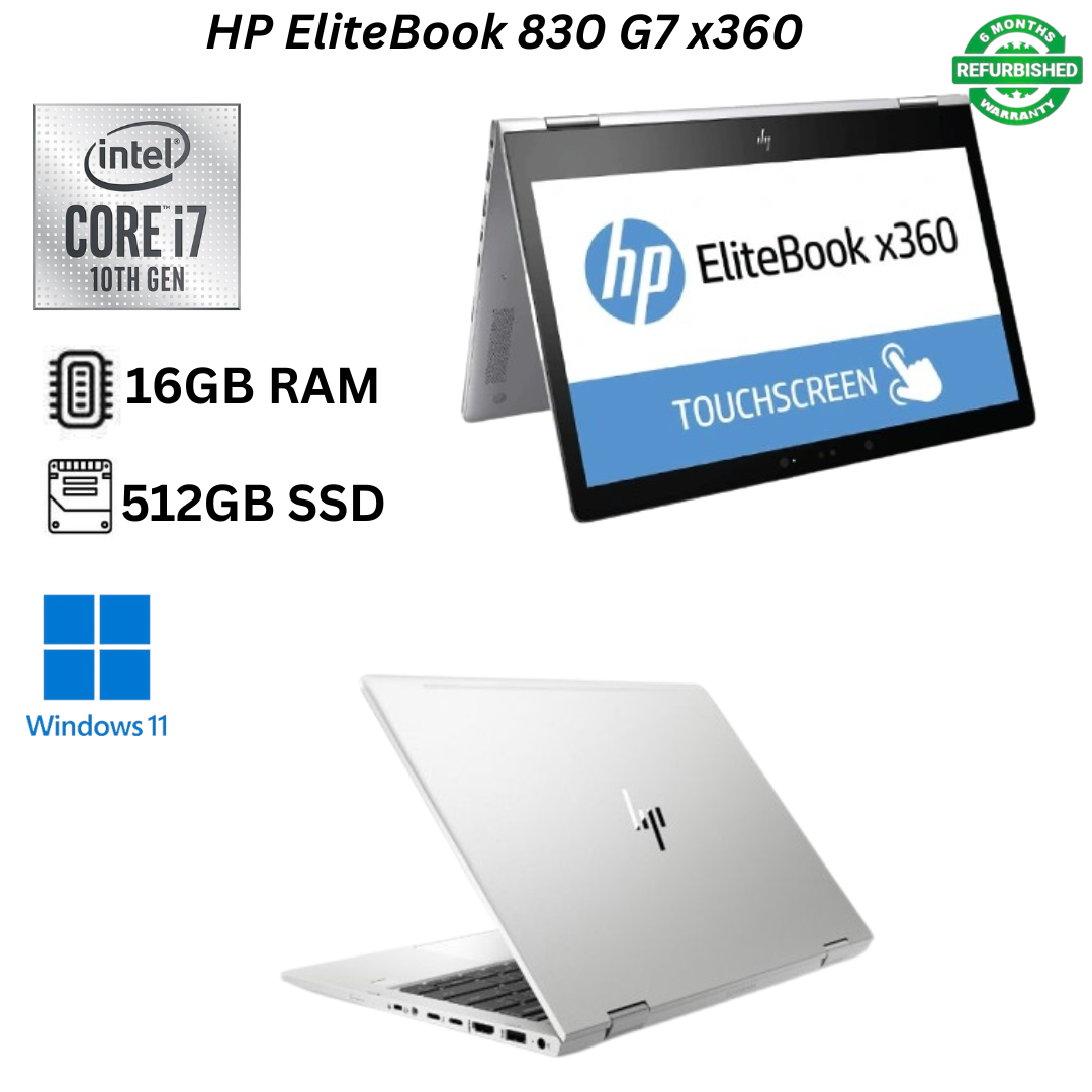 Refurbished HP EliteBook 830 G7 x360 Core i7 10th Gen 16GB RAM 512GB SSD 13.3" Full HD Touchscreen 1.8GHz - 4.9GHz Quad Core Processor Windows 11 Pro MS Office HDMI Webcam 2in1 Convertible Laptop