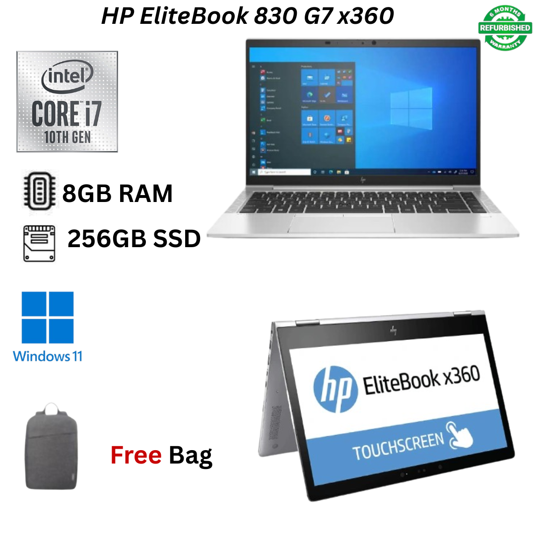 Refurbished HP EliteBook 830 G7 x360 Core i7 10th Gen 8GB RAM 256GB SSD 13.3" Full HD Touchscreen 1.8GHz - 4.9GHz Quad Core Processor Windows 11 Pro MS Office HDMI Webcam 2 in 1 Convertible Laptop+Bag