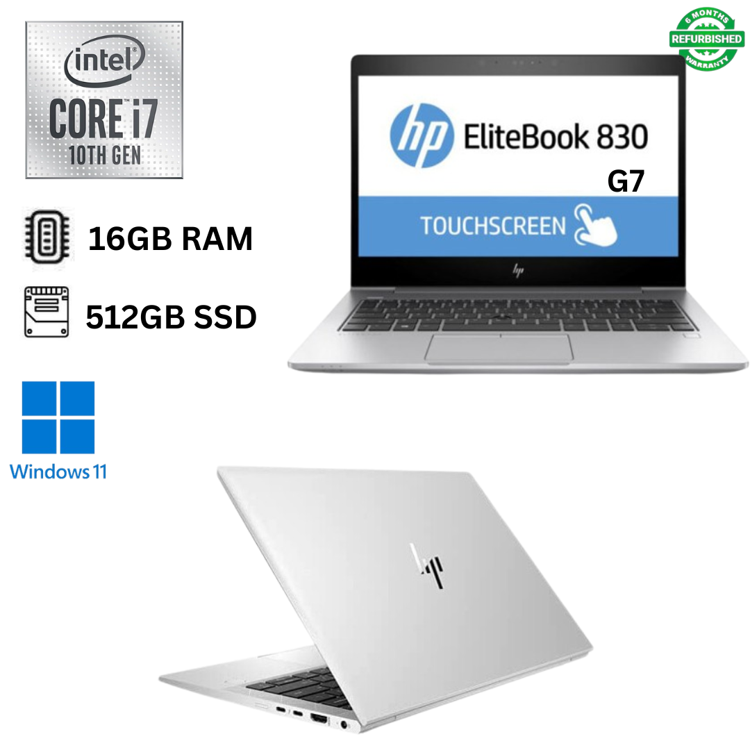 Refurbished HP EliteBook 830 G7 Core i7 10th Gen 16GB RAM 512GB SSD 13.3" Full HD Touchscreen 1.8GHz up to 4.9GHz Quad Core Processor Windows 11 Pro MS Office Ultra Slim Laptop