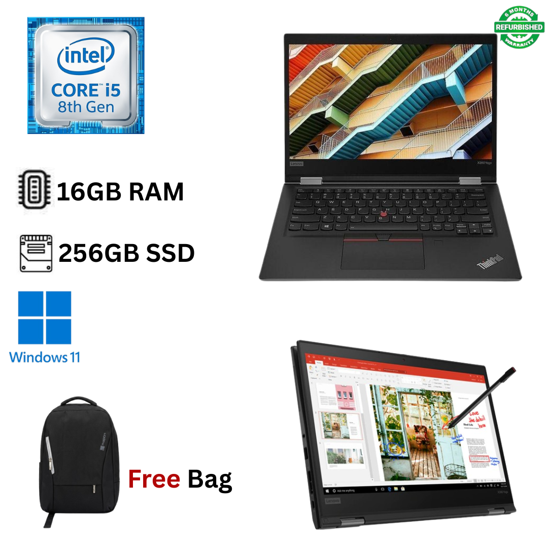 Refurbished Lenovo ThinkPad X390 Yoga  Core i5 8th Gen 16GB RAM 256GB SSD 13.3 Inch Full HD 1.6GHz up to 3.9GHz Quad Core Processor Windows 11 Pro MS Office 2021 HDMI Webcam Wi Fi Slim Laptop + Bag