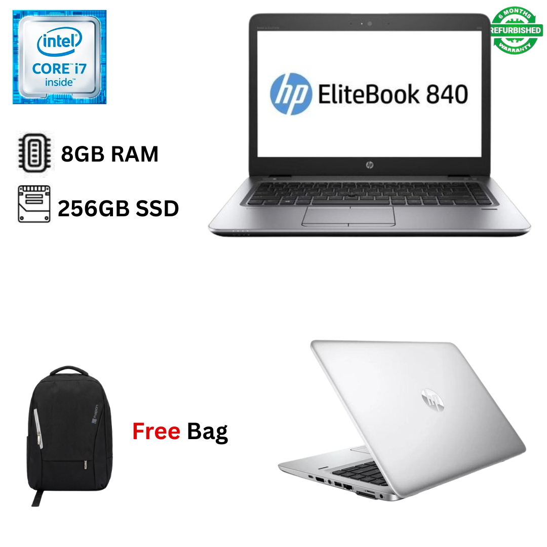 Refurbished HP EliteBook 840 G3 Core i7 6th Gen 8GB RAM 256GB SSD 14 Inch 2.6GHz up to 3.2GHz Dual Core Processor Windows 10 Pro MS Office 2021 Slim Refurbished Laptop +  Bag