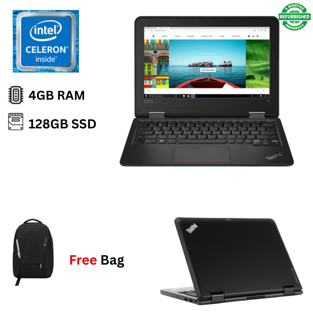 Refurbished Lenovo ThinkPad Yoga 11e 4GB RAM 128GB SSD Intel Celeron 11.6 Windows 10 Pro MS Office Non-Touch Laptop + Bag