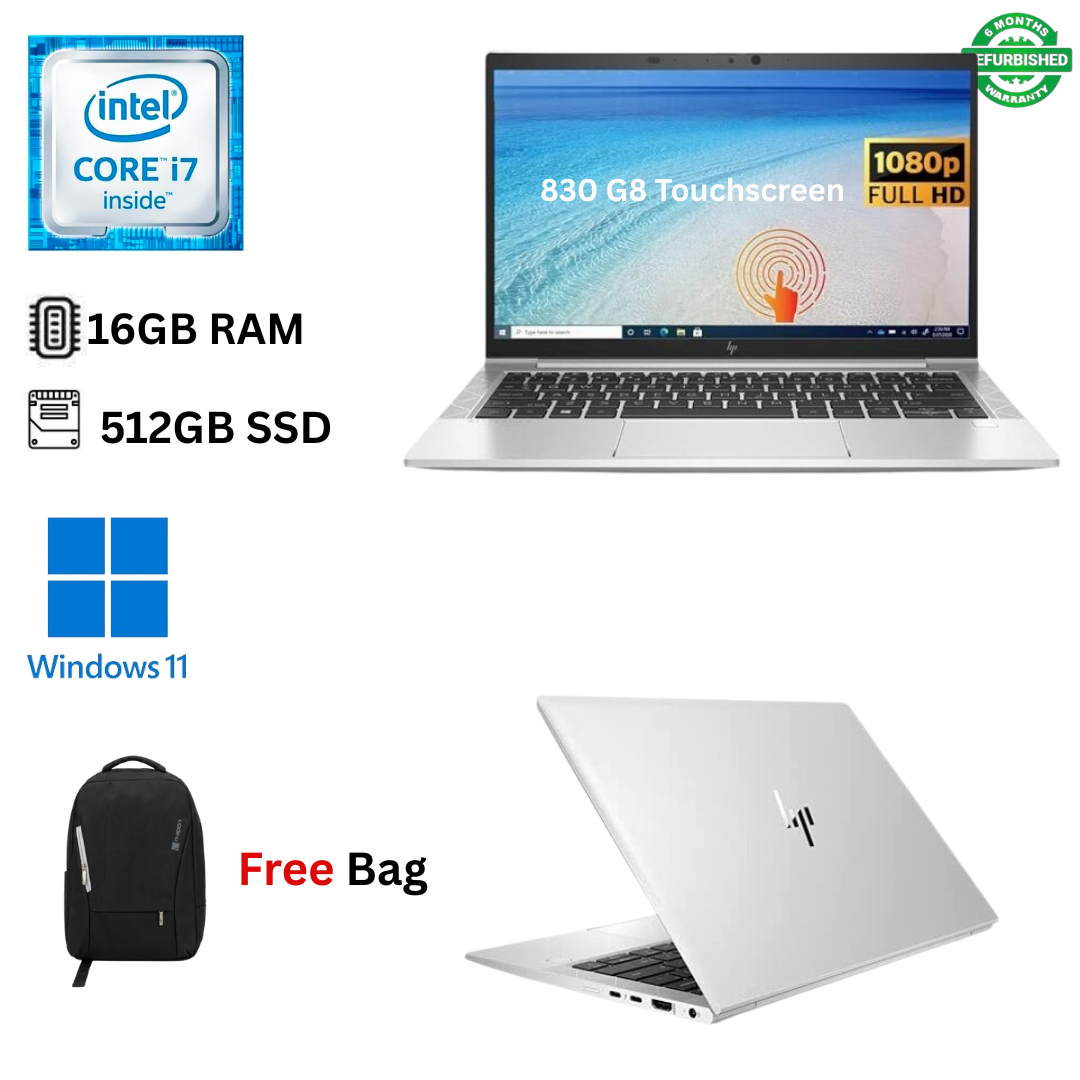 Refurbished HP EliteBook 830 G8 Core i7 11th Gen 16GB RAM 512GB SSD 13.3" Full HD Touchscreen 2.8GHz up to 4.7GHz Quad Core Processor Windows 11 Pro MS Office HDMI Webcam Ultra Slim Laptop + Free Bag