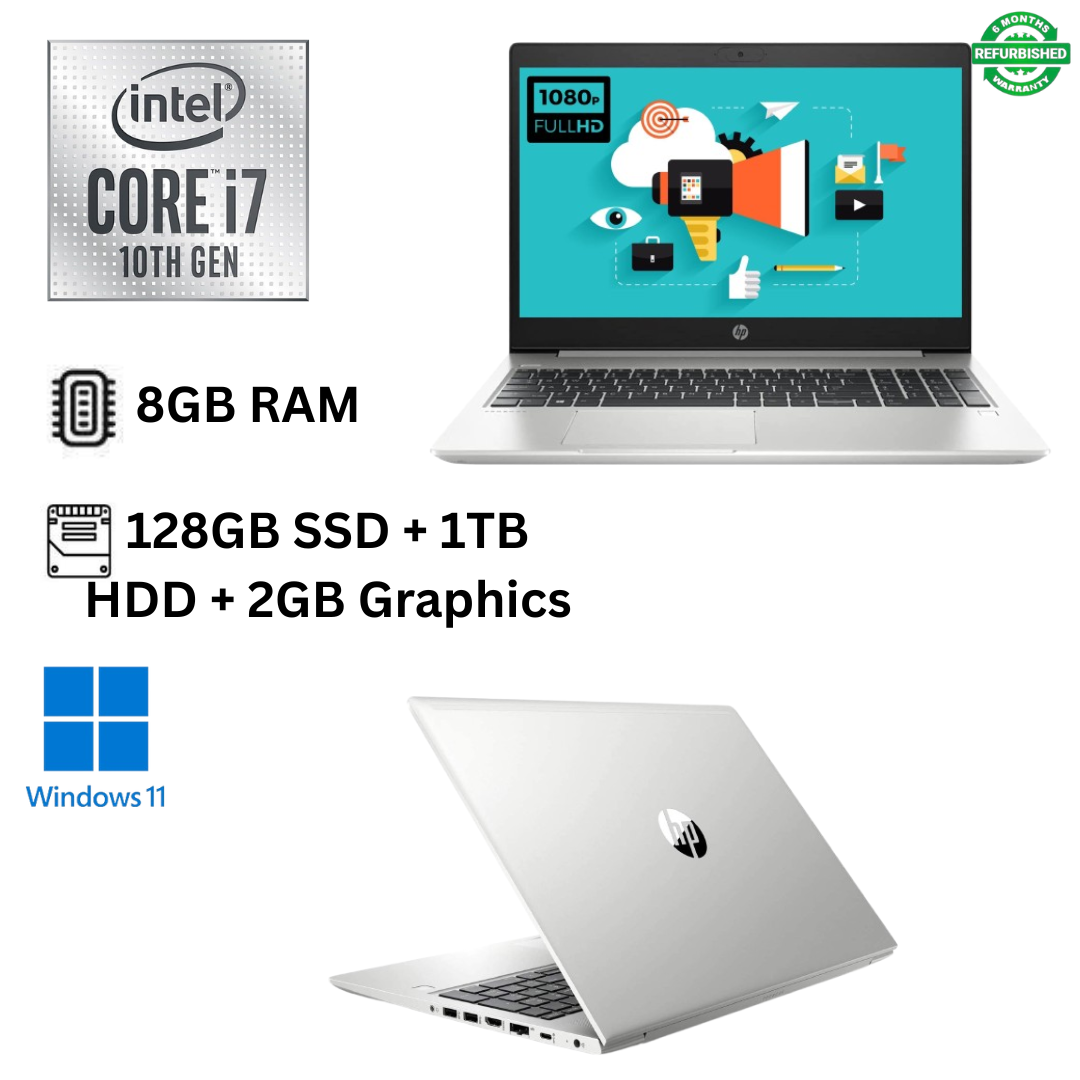 Refurbished HP ProBook 450 G7 Intel Core i7 10th Gen 8GB RAM 128GB SSD + 1TB HDD 15.6 Inches + 2GB Graphics with Numerical Keyboard Windows 11 Pro MS Office HDMI Slim Laptop