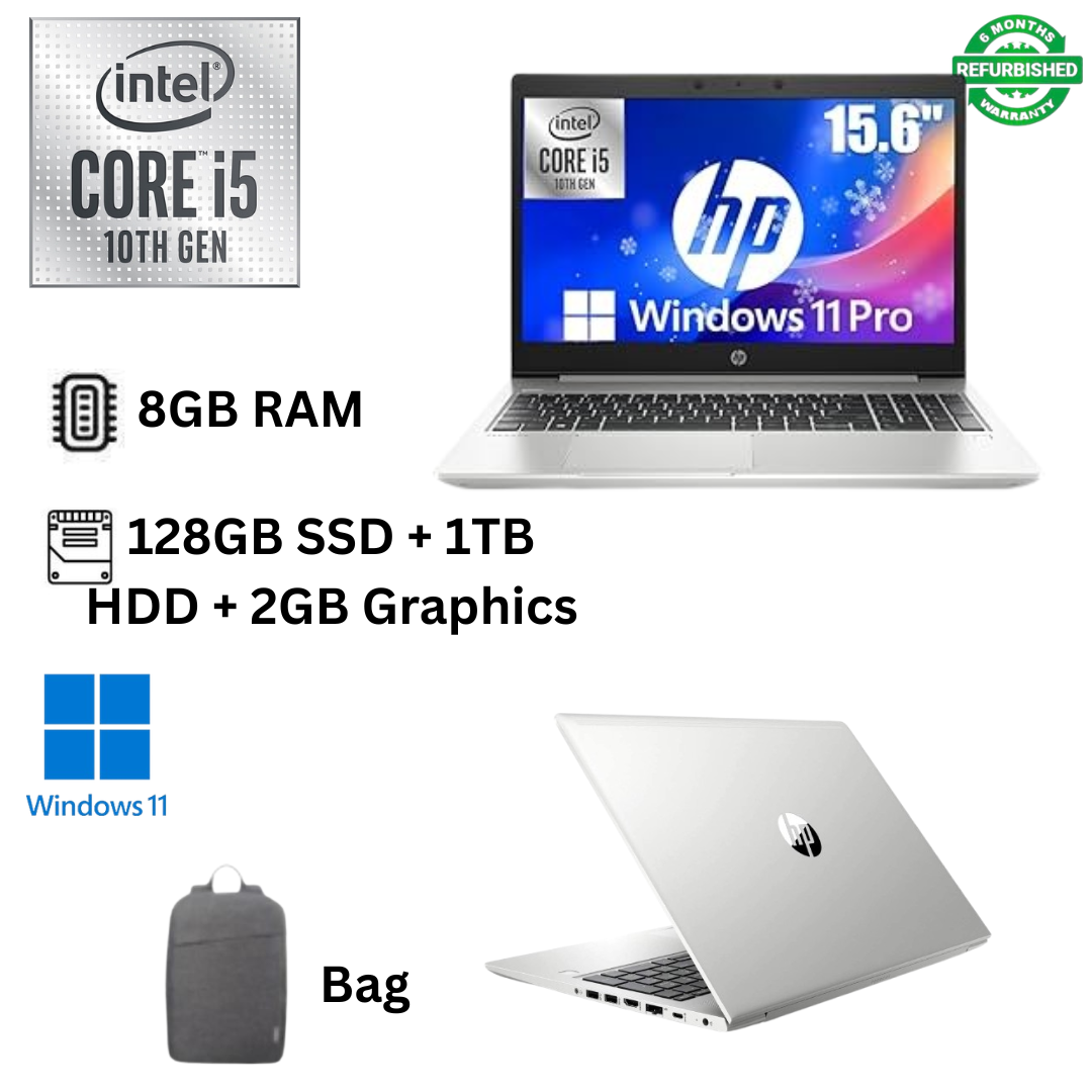 Refurbished HP ProBook 450 G7 Intel Core i5 10th Gen 8GB RAM 128GB SSD + 1TB HDD 15.6 Inches + 2GB Graphics with Numerical Keyboard Windows 11 Pro MS Office HDMI Slim Laptop + Bag
