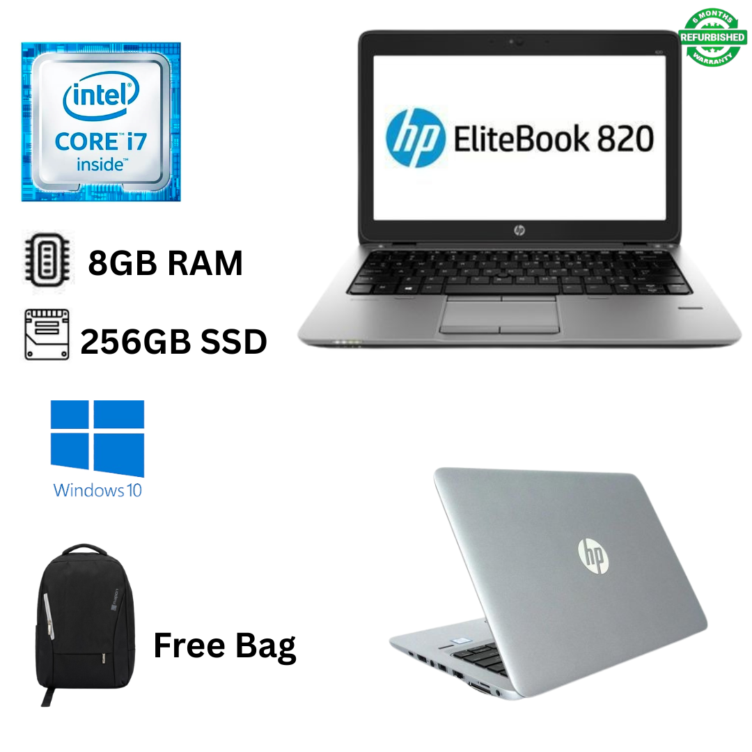 Refurbished HP EliteBook 820 G4 Core i7 6th Gen 8GB RAM 256GB SSD 12.5 Inch HD 2.6GHz up to 3.4GHz Dual Core Processor Windows 11 Pro MS Office 2021, Webcam, VGA, Display Port, Ultra Slim Laptop + Bag