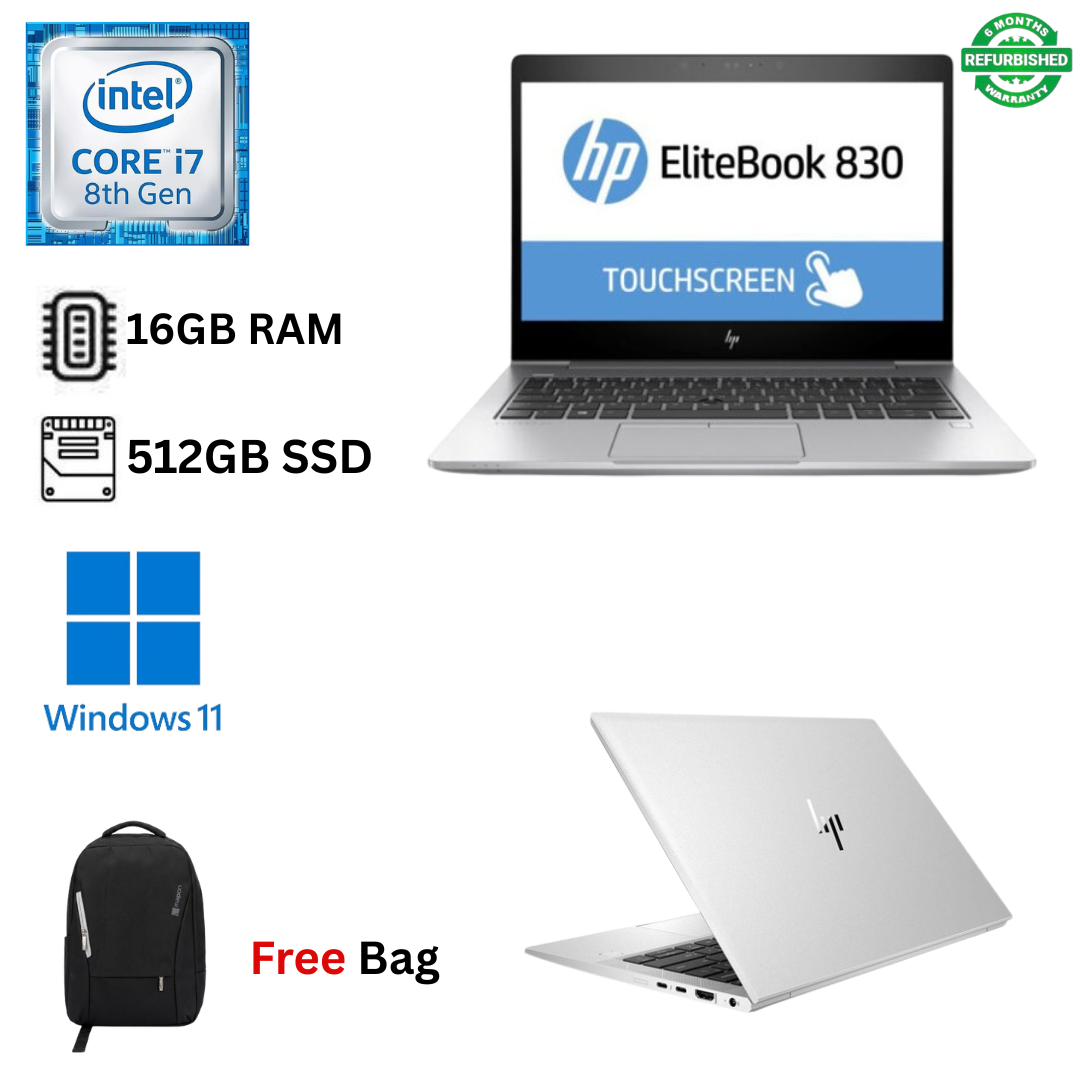 Refurbished HP EliteBook 830 G6 Core I7 8th Gen 16GB RAM 512GB SSD 13.3 Inches Full HD Touchscreen 1.8GHz - 4.2GHz Quad Core Processor Windows 11 Pro MS Office HDMI, Webcam Ultra slim Laptop + Bag