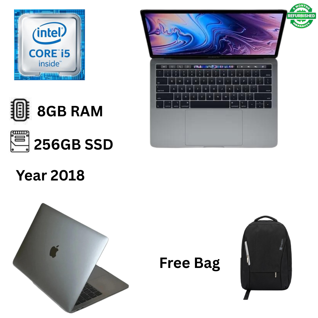 Refurbished Apple MacBook Pro 13 2018 Core i5 2.3GHz 8GB RAM 256GB SSD with Touch Bar 13.3 Inch Retina Display MacOS Laptop + Bag