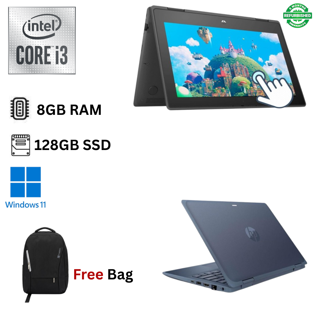 Refurbished HP ProBook X360 11 EE G6 Core i3 10th Gen 8GB RAM 128GB SSD 11.6 Inch Touchscreen 2 in 1 Convertible Windows 11 Pro MS Office HDMI Webcam Laptop + Bag