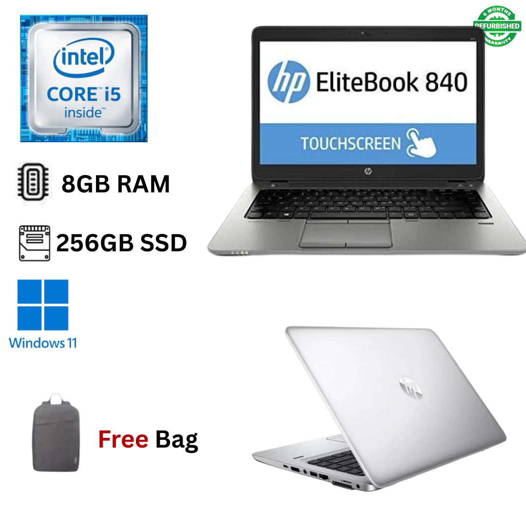 Refurbished EliteBook 840 G3 Core i7 6th Gen 8GB RAM 256GB SSD 14 Inch Touchscreen 2.6GHz up to 3.2GHz Dual Core Processor Windows 11 Pro MS Office 2021 Slim Refurbished Laptop + Bag