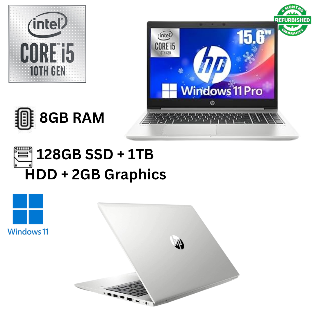 Refurbished HP ProBook 450 G7 Intel Core i5 10th Gen 8GB RAM 128GB SSD + 1TB HDD 15.6 Inches + 2GB Graphics with Numerical Keyboard Windows 11 Pro MS Office HDMI Slim Laptop