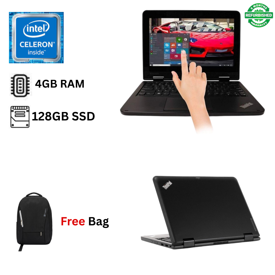 Refurbished Lenovo ThinkPad Yoga 11e x360 4GB 128GB SSD Intel Celeron Touchscreen 11.6 Windows 10 Pro MS Office Laptop + Bag