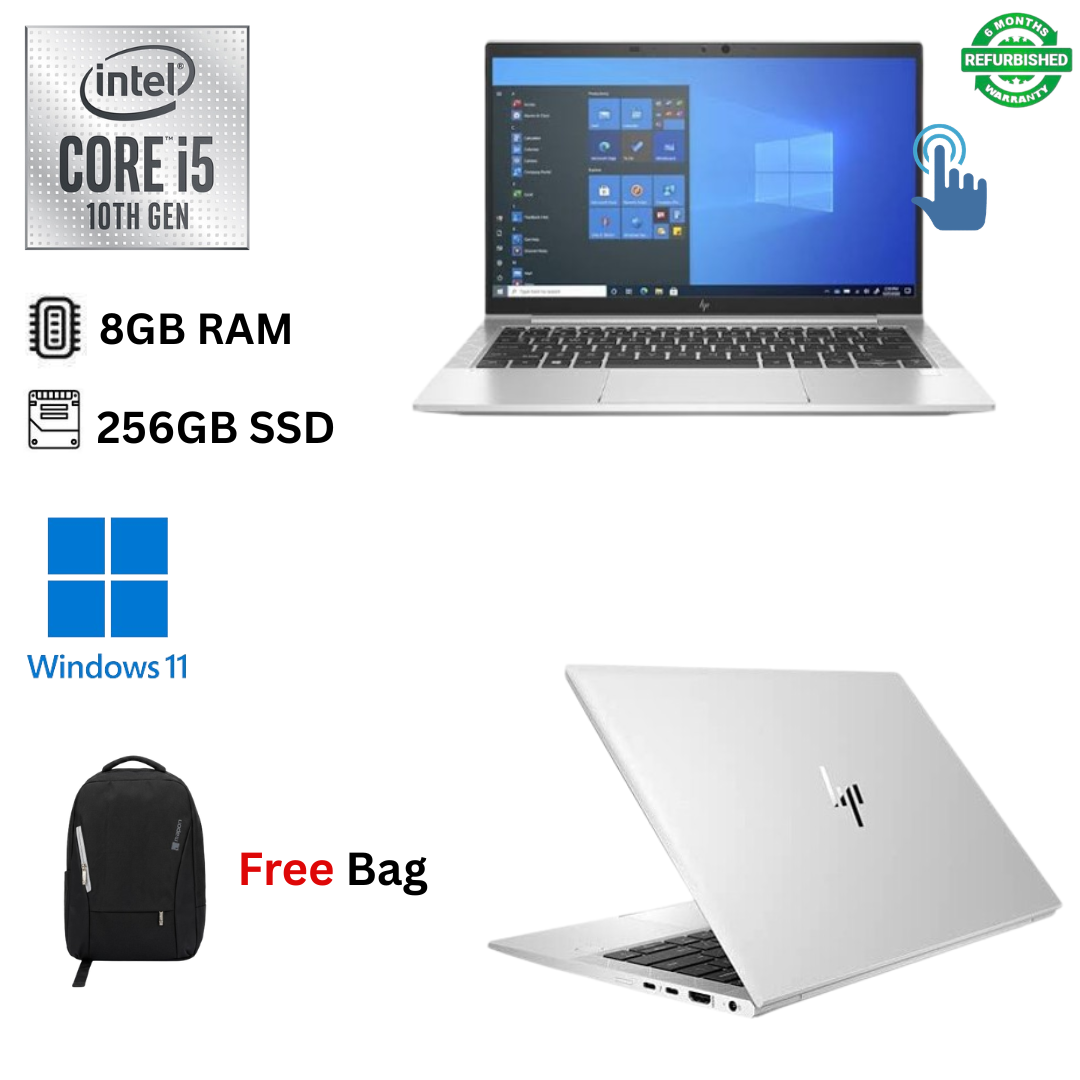 Refurbished HP EliteBook 830 G7 Core i5 10th Gen 8GB RAM 256GB SSD 13.3" Full HD Touchscreen 1.6GHz up to 3.9GHz Quad Core Processor Windows 11 Pro MS Office Ultra Slim Laptop + Bag