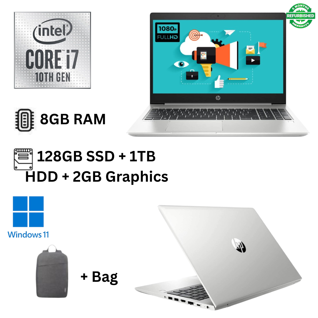 Refurbished HP ProBook 450 G7 Intel Core i7 10th Gen 8GB RAM 128GB SSD + 1TB HDD 15.6 Inches + 2GB Graphics with Numerical Keyboard Windows 11 Pro MS Office HDMI Slim Laptop + Bag