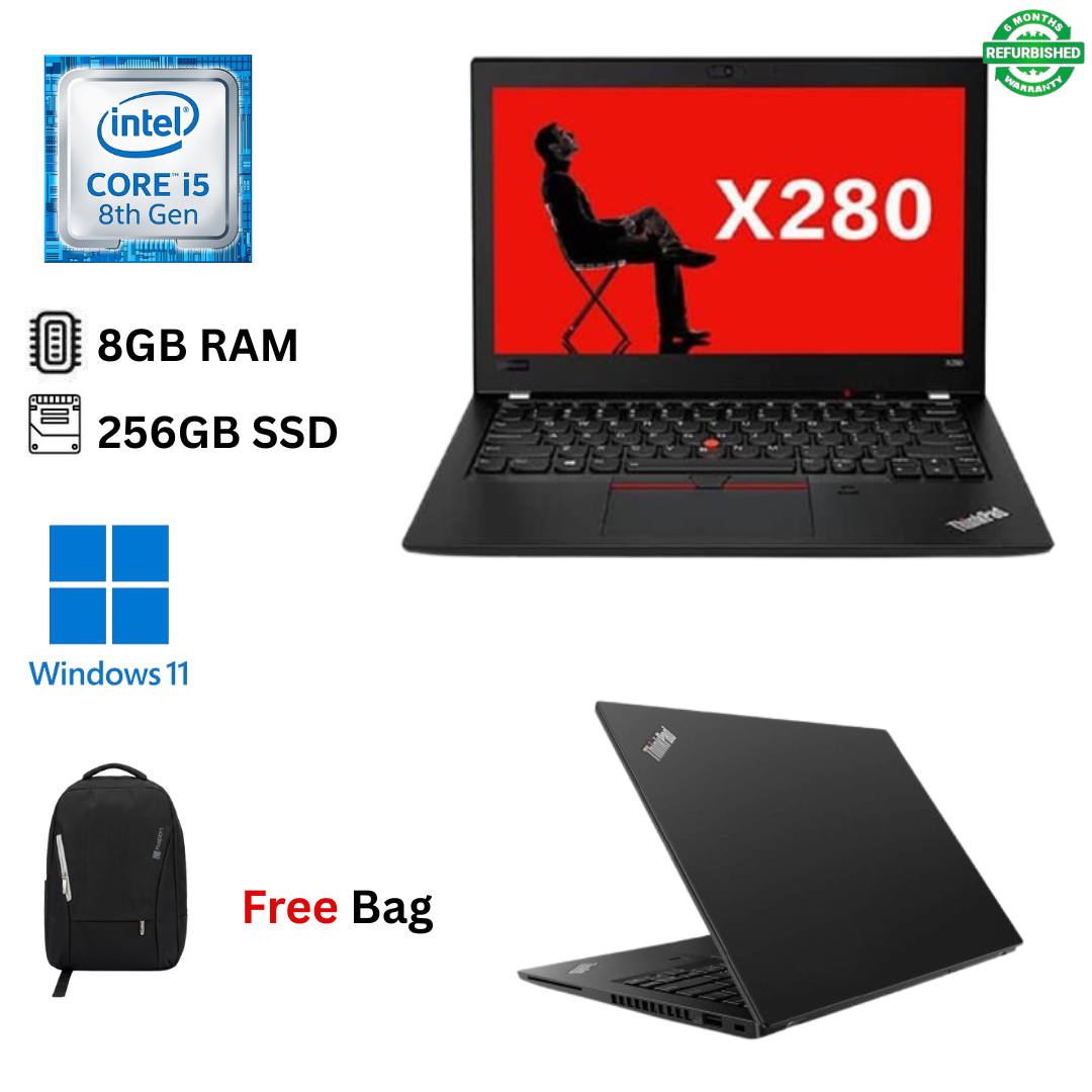Refurbished Lenovo ThinkPad X280 Core i5 8th Gen 8GB RAM 256GB SSD 12.5 Inch Full HD 1.6GHz up to 3.9GHz Quad Core Processor Windows 11 Pro MS Office 2021 HDMI Webcam Ultra Slim Laptop + Bag