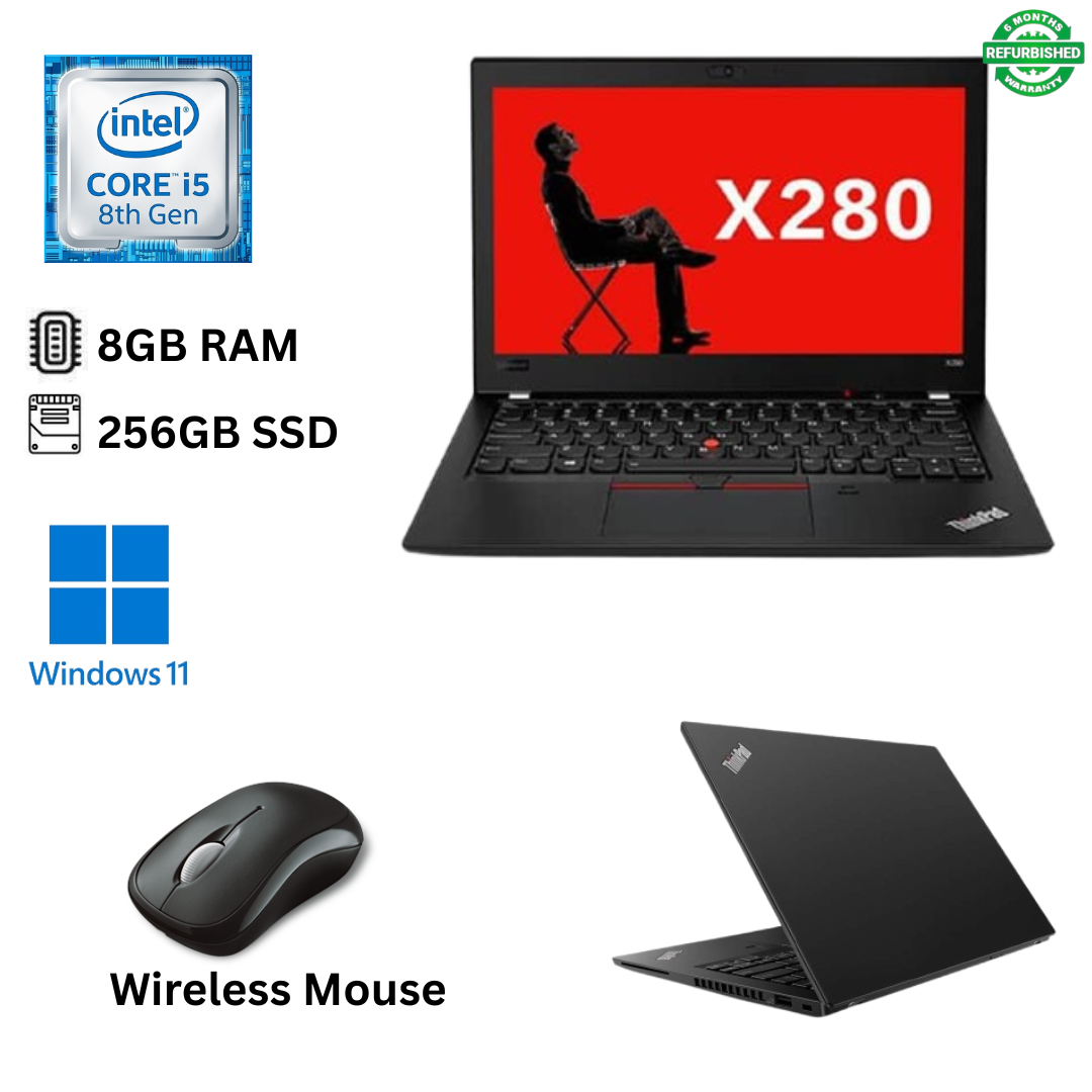 Refurbished Lenovo ThinkPad X280 Core i5 8th Gen 8GB RAM 256GB SSD 12.5 Inch Full HD 1.6GHz up to 3.9GHz Quad Core Processor Windows 11 Pro MS Office 2021 HDMI Webcam Ultra Slim Laptop + Mouse