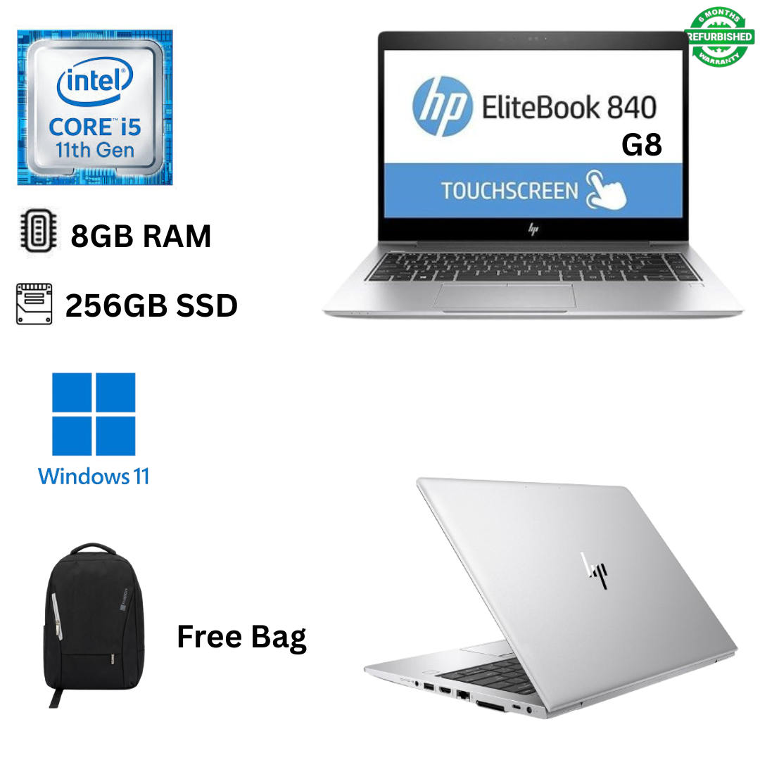 Refurbished HP EliteBook 840 G8 Core i5 11th Gen 8GB RAM 256GB SSD 14 Inch Full HD Touchscreen 2.6GHz up to 4.4GHz Quad Core Processor Windows 11 Pro MS Office HDMI Webcam Ultra Slim Laptop + Free Bag
