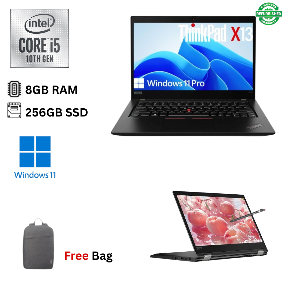 Refurbished Lenovo ThinkPad X13 Yoga X360 Core I5 10th Gen 8GB RAM 256GB SSD 13.3" FHD Touchscreen 2 in 1 Convertible + Stylus Pen 1.6GHz up to 4.4GHz Quad Core Windows 11 Pro, Ms Office Laptop + Bag