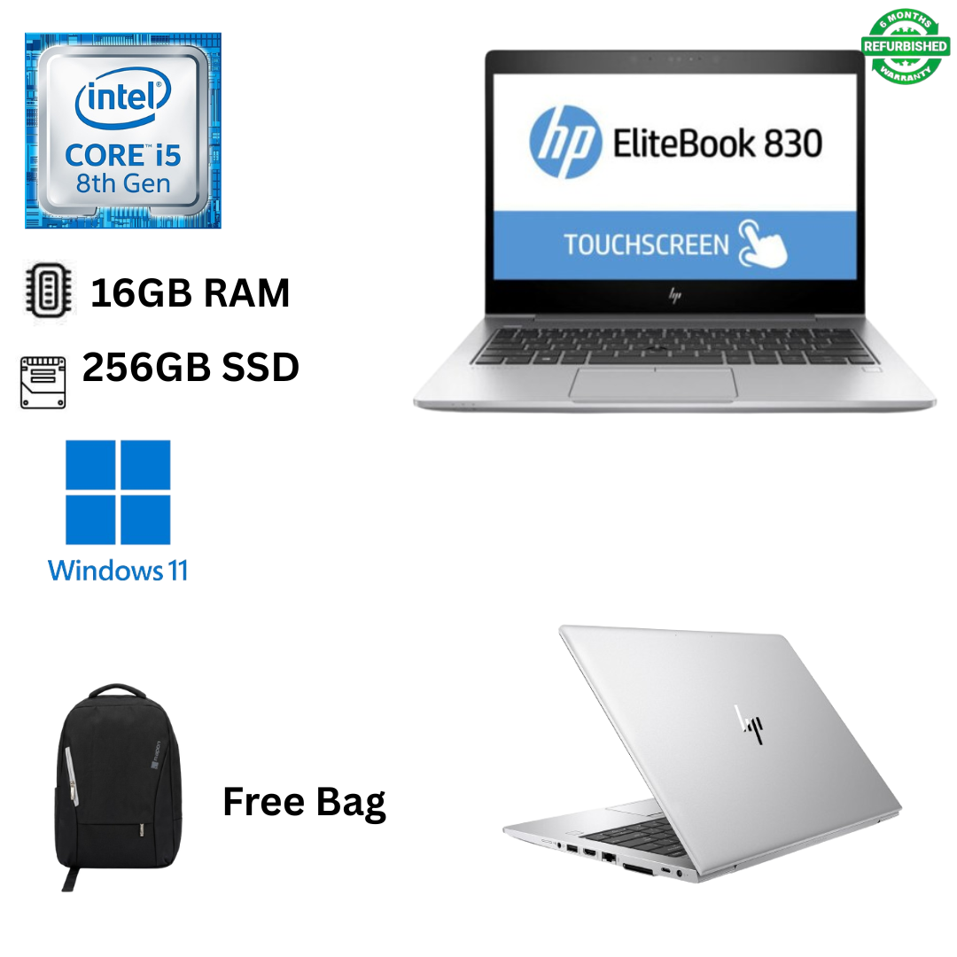 Refurbished HP EliteBook 830 G6 Core I5 8th Gen 16GB RAM 256GB SSD 13.3 Inches Full HD Touchscreen 1.6GHz - 3.9GHz Quad Core Processor Windows 11 Pro MS Office HDMI, Webcam Ultra-Slim Laptop + Bag