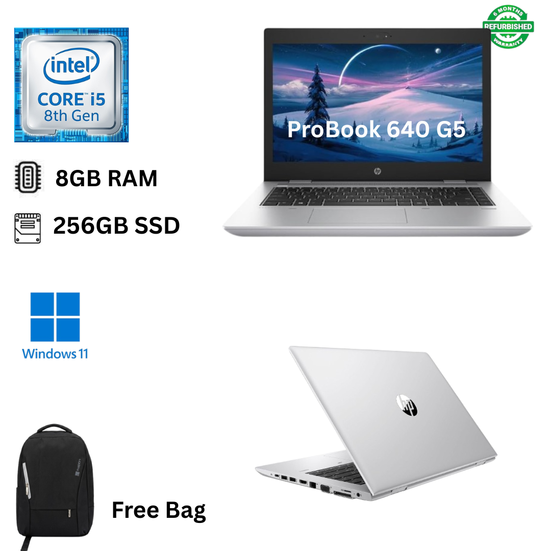 Refurbished HP ProBook 640 G5 Core i5 8th Gen 8GB RAM 256GB SSD 14 inch Full HD  1.6GHz up to 3.6GHz Quad Core Processor Windows 11 Pro MS Office 2021 HDMI, Slim Laptop + Bag