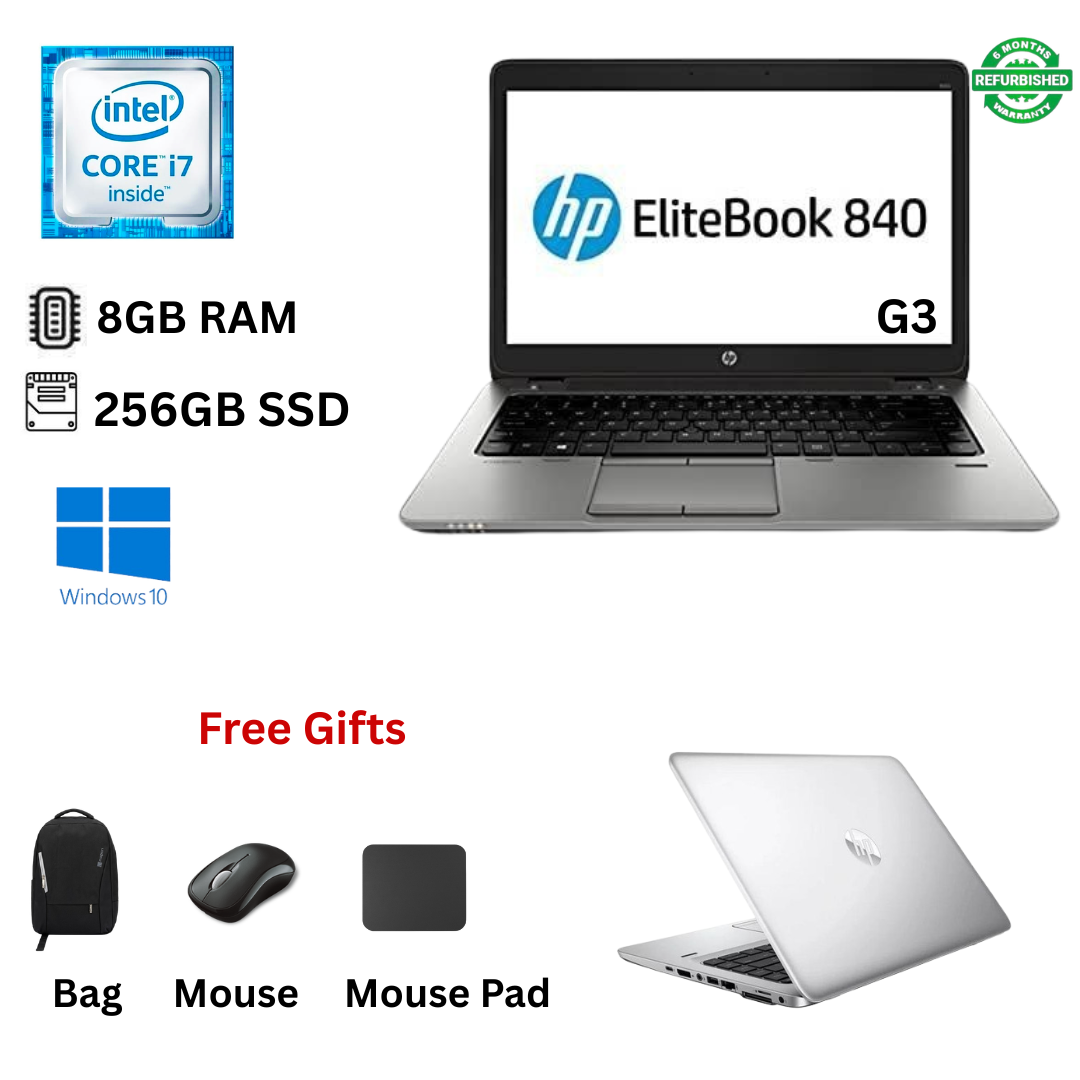 Refurbished HP EliteBook 840 G3 Core i7 6th Gen 8GB RAM 256GB SSD 14 Inch 2.6GHz up to 3.2GHz Dual Core Processor Windows 10 Pro MS Office 2021 Slim Refurbished Laptop +  Bag , Mouse & Mouse Pad