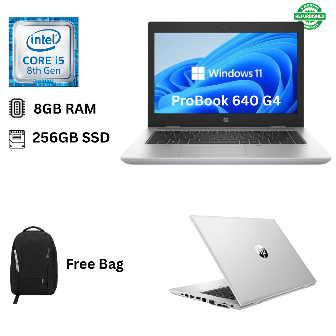 Refurbished HP ProBook 640 G4 Core i5 8th Gen 8GB RAM 256GB SSD 14 inch Full HD  1.6GHz up to 3.4GHz Quad Core Processor Windows 11 Pro MS Office 2021 HDMI, Slim Laptop + Bag