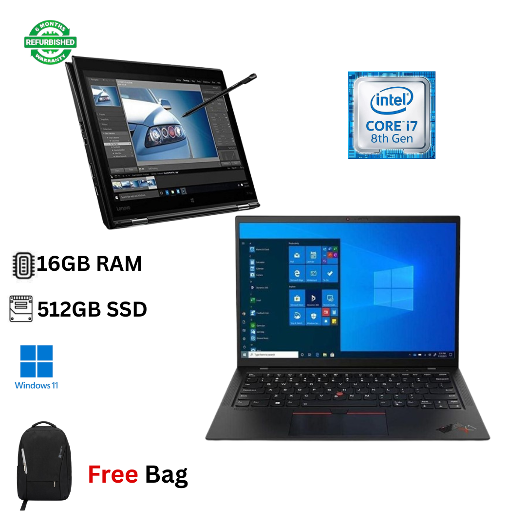 Refurbished Lenovo ThinkPad X1 Yoga X360 Core i7 8th Gen 16GB RAM 512GB SSD 14 Inch FHD Touchscreen 1.8GHz - 4.9GHz Quad Core Windows 11 Pro MS Office HDMI Webcam 2in1 Convertible Laptop + Stylus +Bag
