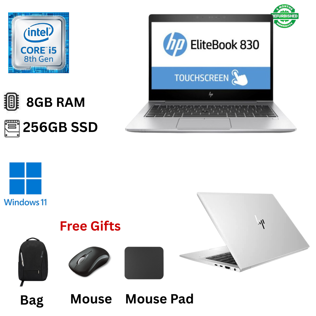 Refurbished HP EliteBook 830 G6 Core I5 8th Gen 8GB RAM 256GB SSD 13.3 Inches Full HD Touchscreen 1.6GHz - 3.9GHz Quad Core Windows 11 Pro MS Office HDMI, Webcam Slim Laptop + Bag, Mouse & Mouse Pad