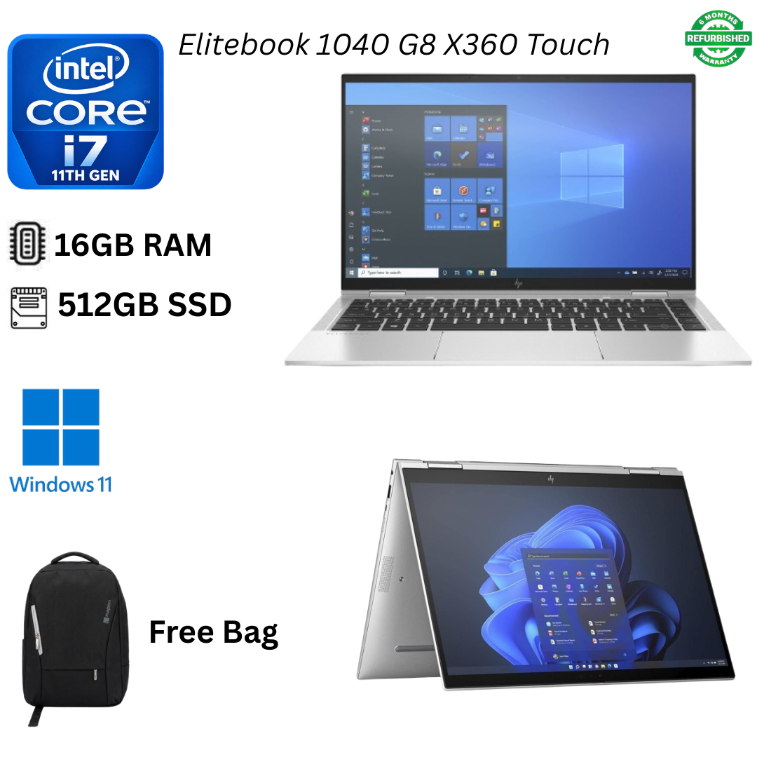 Refurbished HP EliteBook 1040 G8 X360 Core i7 11th Gen 16GB RAM 512GB SSD 14 Inch FHD Touchscreen 2.8GHz up to 4.7GHz Quad Core Windows 11 Pro MS Office HDMI Webcam 2 in 1 Convertible Laptop + Bag
