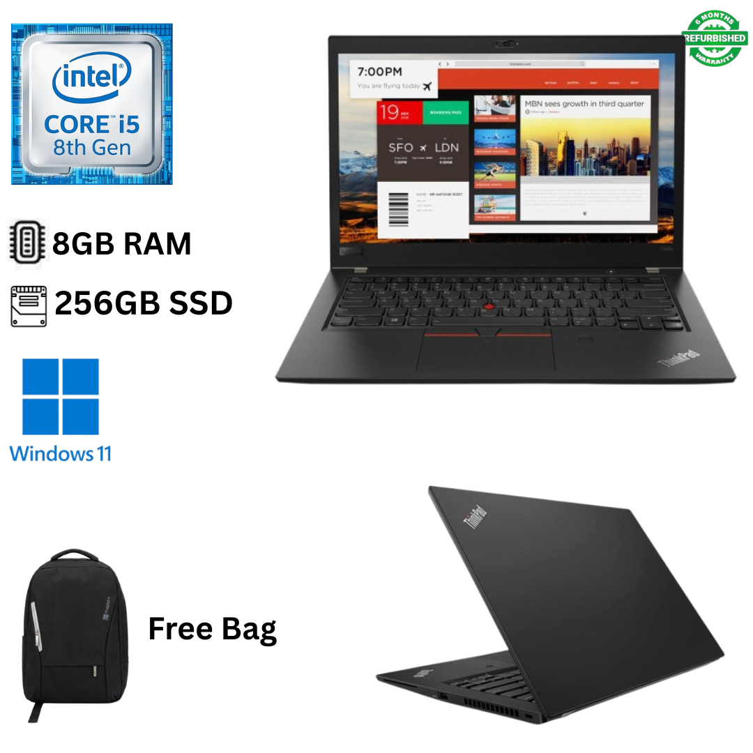 Refurbished Lenovo ThinkPad T480s Core i5 8th Gen 8GB RAM 256GB SSD 14 Inch Full HD 1.6GHz Quad Core Processor Windows 11 Pro Ms Office 2021 Ultrabook Laptop + Bag