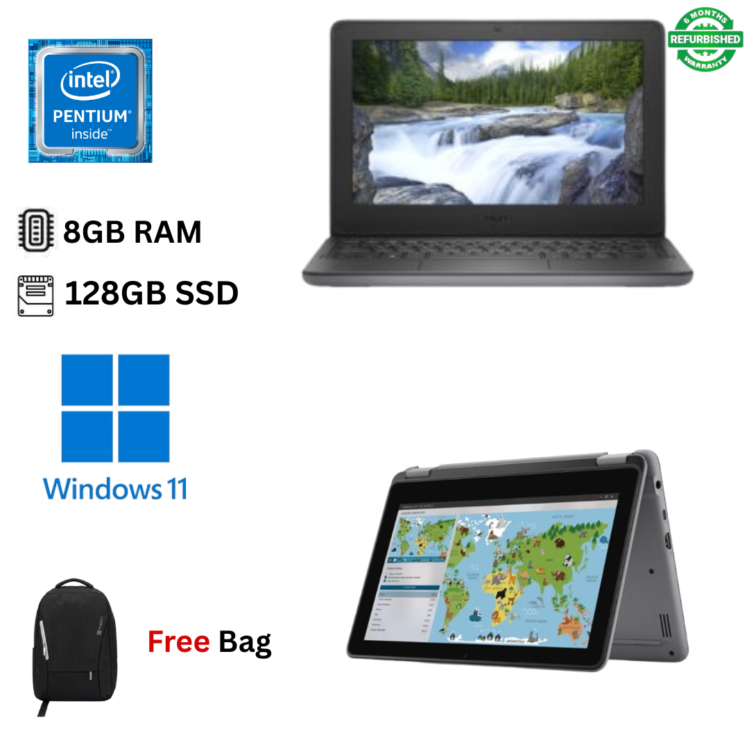 Refurbished Dell Latitude 3120 x360 8GB RAM 128GB SSD  Pentium Silver N6000 11th Gen 11.6" HD Touchscreen 2 in 1 Convertible Windows 11 Pro MS Office Webcam HDMI Slim Laptop + Bag