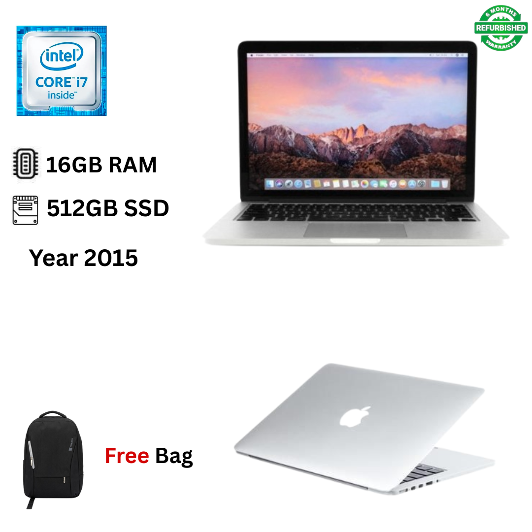 Refurbished Apple MacBook Pro 13 2015 Core i7 16GB RAM 512GB SSD Retina Display 13-inch A1502 MacOS 3.1GHz Dual Core Processor Slim Refurbished Laptop + Bag