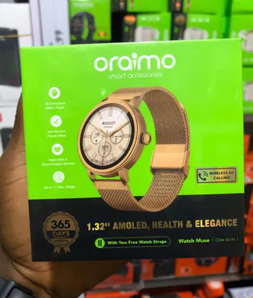 Oraimo Watch Muse (Model: OSW-831N) is a round-faced, highly elegant smartwatch designed with a blend of fashion and comprehensive health tracking